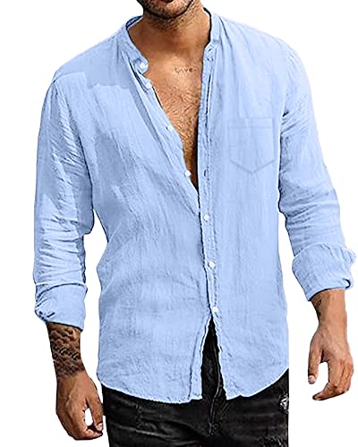 LVCBL Camisa de manga larga para hombre con bolsillo en el pecho de algodón para hombre, azul claro, XXXL Cover