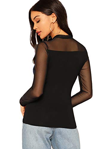 SweatyRocks Women's Elegant Long Sleeve Contrast Sheer Mesh Slim Fit T Shirt Tops Black #1 S