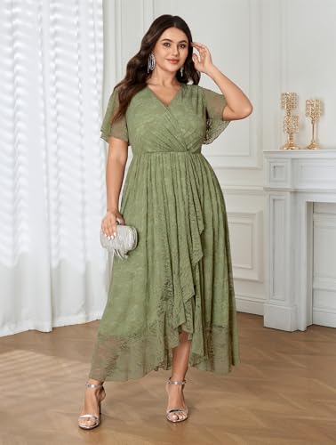 Image of SCOMCHIC Womens Plus Size Wedding Guest Dress Formal Lace Wrap V Neck High Low Short Sleeve Cocktail Maxi Dresses XL-4XL