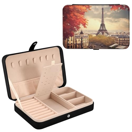 Haskirky Autumn Eiffel Tower Jewelry Box Portable PU Leather Travel Jewelry Organize for Women Jewelry Storage Display Holder for Ring, Necklace, Earring