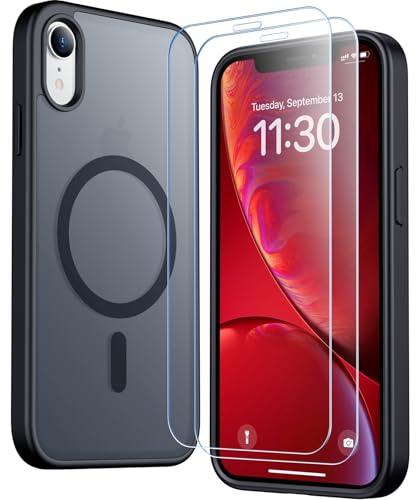 SPIDERCASE for iPhone XR Case, Magnetic Translucent Matte Case with 2PCS Tempered Glass Screen Protector Slim Phone Case for iPhone XR 6.1'', Black