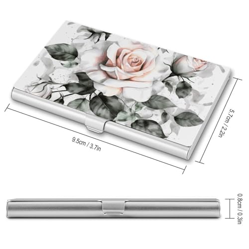 Slim Business Card Case for Men & Women, Pocket Metal Case, White Watercolor Floral Rose Professional Aluminum Alloy Business Card Holders, Stylish Purse Name Cards Holder, Buckle Style Shut2