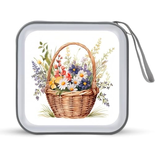 DuduYH Wicker Basket with Wildflowers CD Case DVD Storage Case Portable