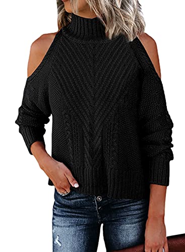 BLENCOT Womens Casual Loose High Neck Long Sleeve Sweaters Cold Shoulder Solid Color Knitted Sweater Pullover Top Black Large