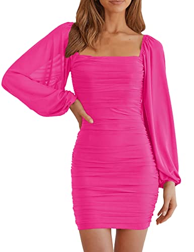 Image of MEROKEETY Women Square Neck Lantern Long Sleeve Mesh Ruched Bodycon Clubwear Mini Dress