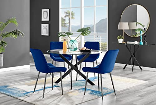 Furniturebox UK Novara Black Leg 120cm Round Glass Dining Table & 4 Navy Pesaro Black Leg Chairs