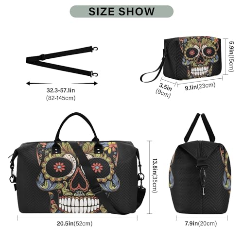 Large Travel Duffel Bag, Skull Mexican Sports Tote Gym Bag, Shoulder Weekender Overnight Bag for Women Men, Carry On Luggage with Toiletry Bags3