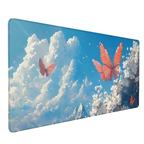 Tapis souris blanc papillon sous main grand format pour un bureau gamer épuré