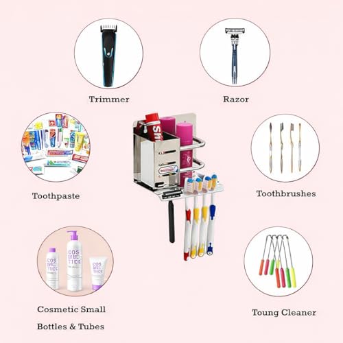Image of Wall Mounted Toothbrush Holder Organizer, Stainless Steel Bathroom Tumbler & Toothpaste Stand, 4 Brush Slots, Mirror Finish, Rustproof Storage Rack (15 x 13.5 x 11 cm, Silver)