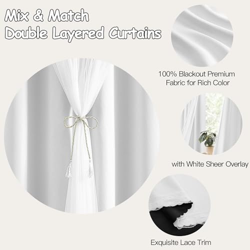Image of XiDi 100% Blackout White Curtains with Sheer Overlay 84 Inches Long Double Layer Curtains for Living Room Girls Kids Bedroom Light Blocking Thermal Insulated Drapes Grommet Set of 2 White 34W x 84L