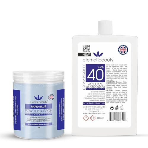 Hair Bleach Kit Blue Bleach Powder 80g + Cream Peroxide 12% 40 Volume 250ml Professional Hair Lightening Highlighting & Hair Coloring Kit for Salon & Home Use by ETERNAL BEAUTY