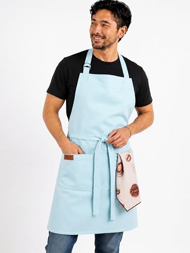 Image of Kitchen Apron - 100% Cotton, Adjustable Neck strap, Large Pocket - Unisex Apron for Men & Women - Cooking, Baking, BBQ, Gardening - Solid Colours, Striped and Checkered Patterns