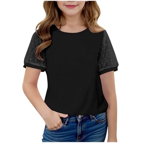 Girls Lace Jacquard Short Sleeve T-Shirts Loose Crewneck Summer Tops Casual Basic Tees for Kids 5-15 Years