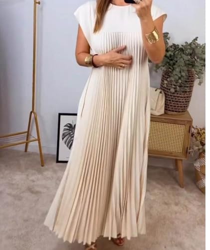 Image of SEMATOMALA Women's Pleated Short Sleeve Maxi Dress Crewneck Loose Fit Flowy Swing Long Dress with Pockets