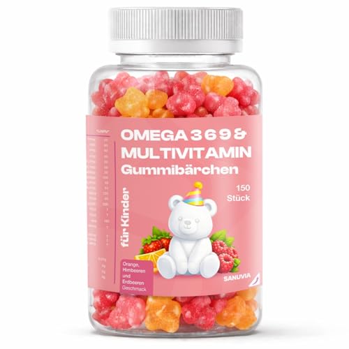 Omega 3 6 9 Gummies mit Multivitamin für Kinder - 150 Gummis - Vitamine C D3 B-Komplex Jod & Zink - Erdbeere Orange & Himbeere Geschmack - Vegan & Gelatinefrei - Ohne Zusätze - Für Kinder