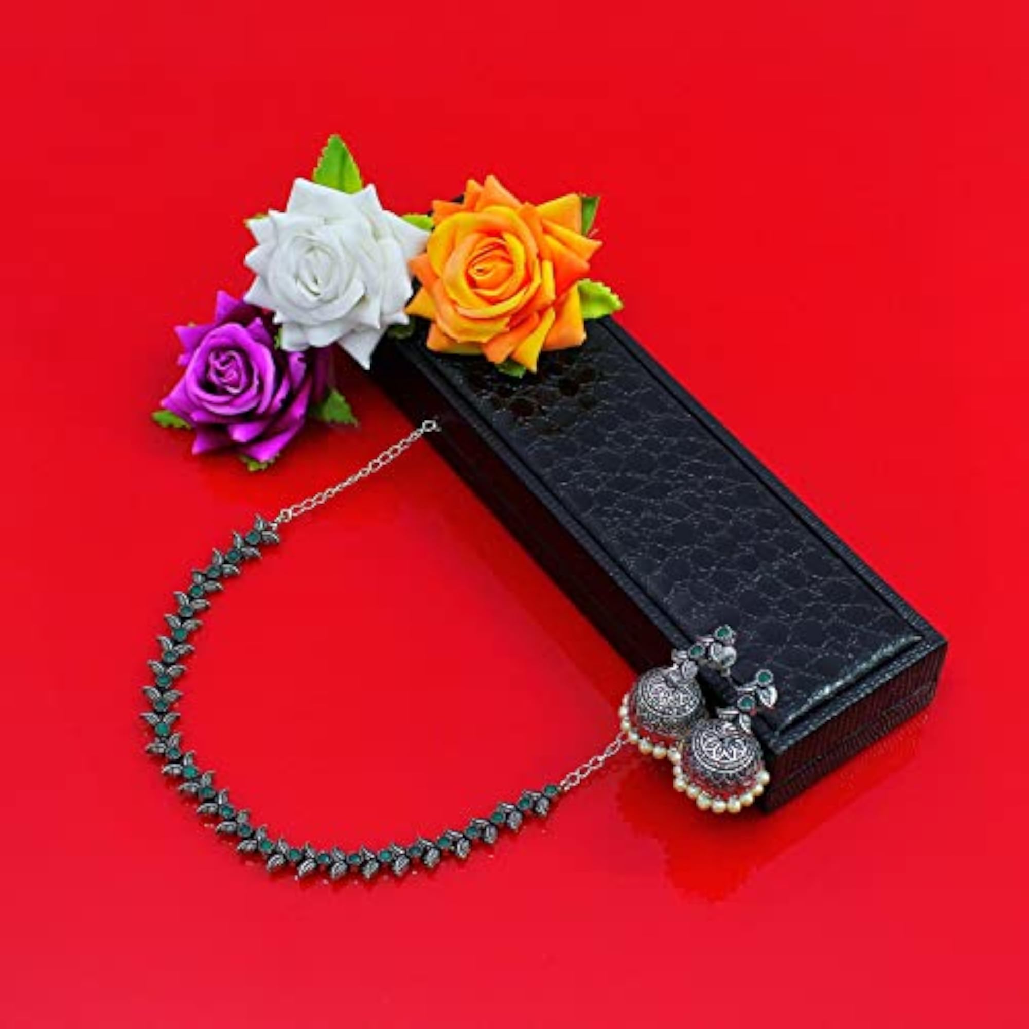 Rakhi Friendship Oxidized Leaf Necklace Set German Silver Earrings