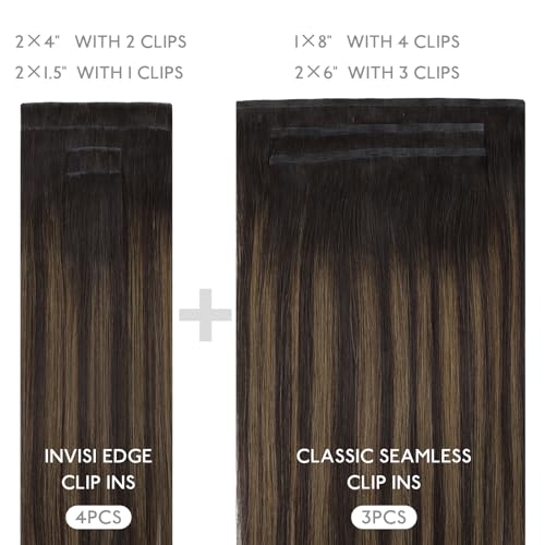Image of WENNALIFE Invisi Edge Clip in Hair Extensions Real Human Hair, 12 Inch 80g 7pcs Balayage Dark Brown Mixed Chestnut Brown Hair Extensions for Women Invisible Straight Injection Extensions