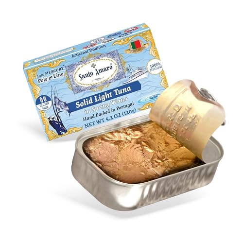 Image of Santo Amaro - Artisanal Wild Tuna Fish in Spring Water, Pole & Line Wild Caught Tuna from Portugal, Hand-Packed Canned Tuna, Solid Light Tuna, 24g Protein Keto, 90 Calories, Low Mercury, Pack of 6