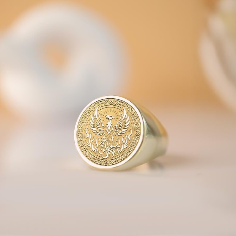 phoenix signet ring in or plated - mythological gift jewelry| 925 sterling silver gold plated |LDRG_0687