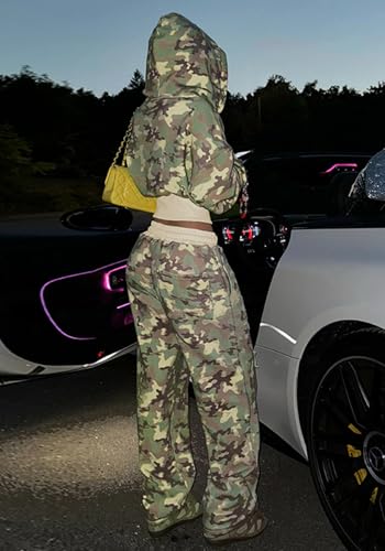 LETSVDO Women's 2 Piece Outfits Sweatsuit Camo Zip Up Crop Hoodie Sweatshirt Y2k Wide Leg Camouflage Sweatpants Set4