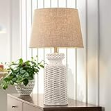 Helene Coastal Country Cottage Table Lamp Ceramic Rustic Cream White Glaze Linen Tapered Drum Shade...