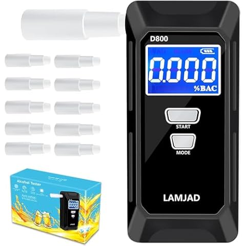 LAMJAD Breathalyzer, Professional Alcohol Tester with Digital LCD Screen, semiconductor sensors and 10 mouthpieces, Police-Specific Alcohol Meters for Personal and Professional use (D800) Cover