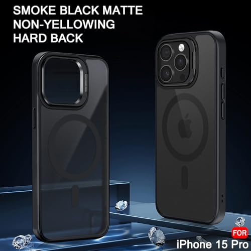 Image of TheGiftKart Hybrid Matte Frosted Back Cover Case for iPhone 15 PRO Compatible with MagSafe | Built-in Stand | Shockproof Hard Case Cover for iPhone 15 PRO (PC & TPU, Translucent Black)