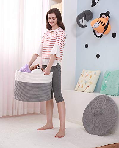 20" X 20" X 15" Extra Large Storage Basket With Lid, Cotton Rope Storage Baskets, Laundry Hamper, Toy Bin, For Toys Blankets Pillows Storage In Living Room Baby Nursery, Large Basket With Grey Cover #TOP6