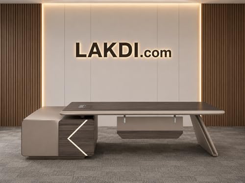 Image of Modern Executive Office Desk with Side Storage Cabinet, Premium CEO Manager Table in Walnut & Beige Finish for Luxury Office Cabin Furniture (LDL-794 MDFL L8W3)