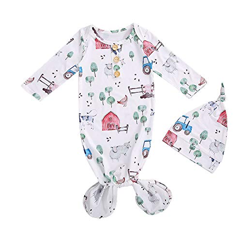 Image of Newborn Baby Girls Knotted Sleeper Gowns Rainbow Long Sleeve Sleeping Bag and Hat Set 0-6 Months Nightgown Unisex Baby Coming Home Outfits Set (Floral-farm, 0-3M)