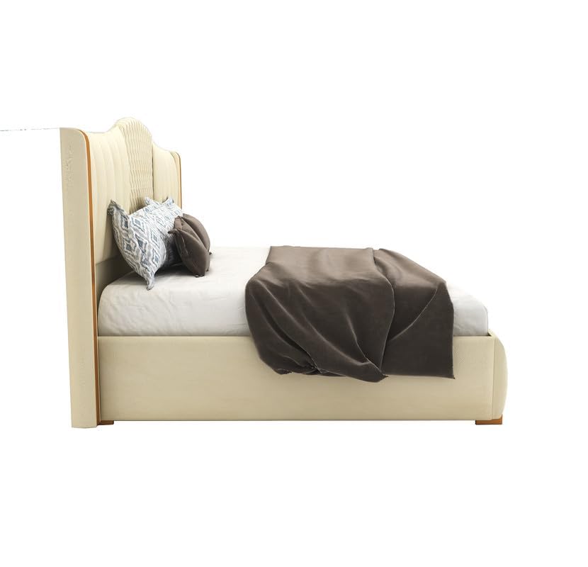 Image of STRATA FURNITURE Solid Wood King Size Bed with Box Storage and Upholstered Headboard | Wooden Double Bed Cot Palang for Bedroom, Home, Hotel & Guest Room Furniture (Beige)
