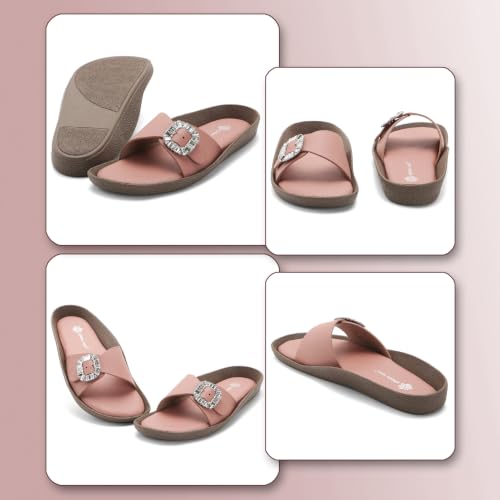 Image of Women Fashion Cross Strap Sliders with Crystal Buckle | Stylish Casual Slip-On Sandals for Women | Lightweight Comfort Slides Everyday Wear