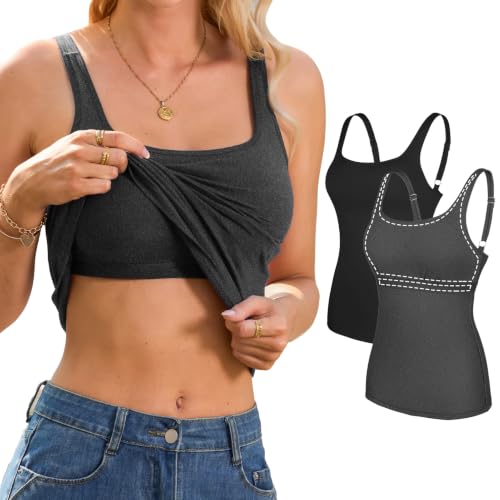 Image of V FOR CITY Non-Padded Shelf Bra Tank Top for Women Cotton Adjustable Wide Strap Camisole Basic Cami Shirts 2 Pack