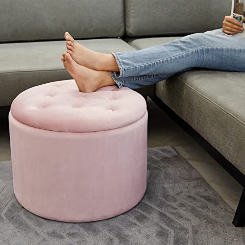 Pinplus Round Pouf Storage Ottoman, Pink Velvet Large Foot Rest Stool Seat With Lids, Coffee Table Footrest Stool Seat For Living Room Bedroom Entryway, 19.9" X 19.9" X 15.2" #TOP5
