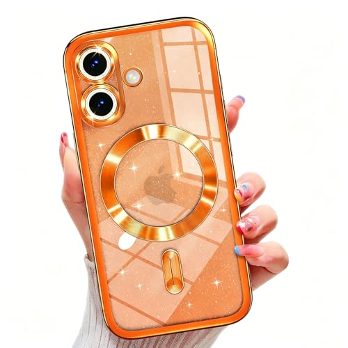 Image of Misscase for iPhone 17 Case with Privacy Screen Protector, Built-in Lens Protector, Compatible with MagSafe, Anti-Yellowing Shockproof TPU, Bling Glitter Electroplated Cover 6.3 inch Orange