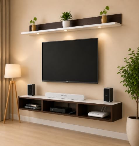 Image of Bros Moon Wall Mounted TV Cabinet Parallel Rooftop Model, Choco White, pre-Laminated, Wood, for Living Room, Suits TV up to 55 Inches (Choco White, Rooftop 48 Inches Base with Light)