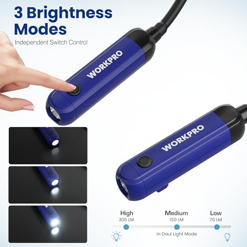 WORKPRO Rechargeable Neck Light for Hands-Free Lighting, 3 Brightness Levels 300 Lumens Neck Light, Bendable Silicone Arm, Great for Mechanics, Reading, Camping, DIY Projects, Crafting, Blue and Black by WORKPRO - Image 4