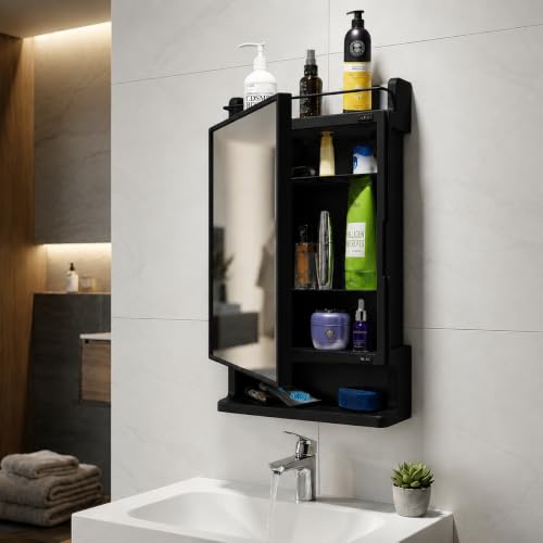 Image of BRANCO Bathroom Cabinet with Mirror | Storage Organiser | Strong Plastic Bathroom Shelves Wall Mounted | Mirror Cabinet (Black)
