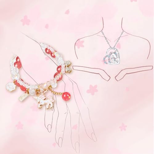 5-13 Year Old Girl Birthday Gifts, 3PCS Cute Unicorn Bracelets Set with Necklace Birthday Bracelets Charm Bracelets Pink Crystal Bead Elastic Bracelets Birthday Christmas Jewelry Present for Daughter Niece Granddaughter Girl4