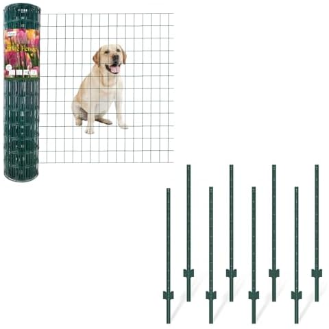 FOREHOGAR Green PVC Coated Welded Wire Fence 36 Inch x 50 Foot, 2 Inch x 3 Inch 16GA Bundle Metal Fence Post 4 Feet Green, Pack of 8, T Post for Wire Fence Cover