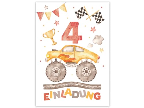 Minkocards 12 Einladungskarten zum 4. Kindergeburtstag Jungen Monster-Truck Auto Einladungen zum vierten Geburtstag Kinder bunte Geburtstagseinladungen