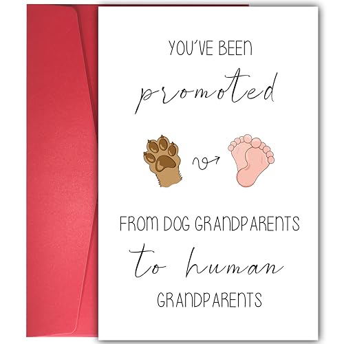 Image of Funny Pregnancy Announcement Card, 'Promoted from Dog Grandparents to Human Grandparents' Baby Reveal Card, Cute Keepsake Gift for New Grandma & Grandpa