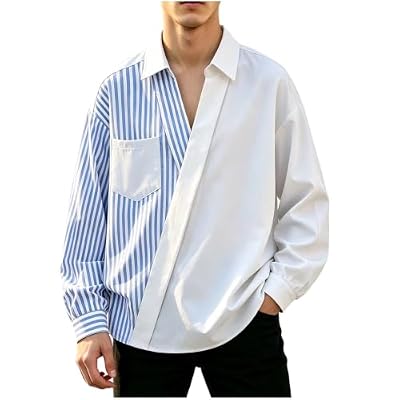 Men's Designer Pull On Shirt Big and Tall No Buttons V Neck Striped Collared Dress Casual Shirts Asymmetrical White