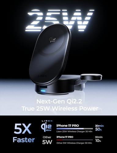 Image of LISEN [Ultra-Fast 25W] 3-in-1 Charging Station for Apple, Qi2.2 25W Foldable Wireless MagSafe Charger Stand for iPhone 17 /16 /15 /14 /13 Pro Max, Apple Watch&AirPods, Travel Portable with 45W Adapter | [3 in 1 Qi2.2 25W Fast Charging] Wireless Charger iPhone,[Compact] iPhone Charging Station,3-in-1 Charging Station for Apple