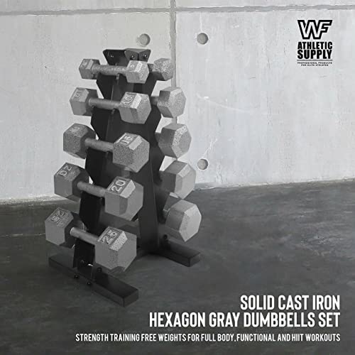 WF Athletic Supply 5-25 Lb Cast Iron Dumbbells Set with A Frame Storage Rack, Solid Gray/Black Hexagon Free Weights for Weight Lifting & Strength Training, Storage Rack Color Options Available - Thumbnail 5