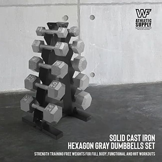 WF Athletic Supply 5-25 Lb Cast Iron Dumbbells Set with A Frame Storage Rack, Solid Gray/Black Hexagon Free Weights for Weight Lifting & Strength Training, Storage Rack Color Options Available
