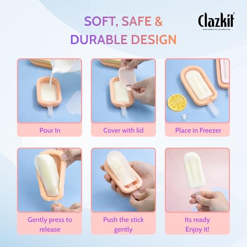 Image of Clazkit Silicone Popsicle Mould Set 4PCS | BPA-Free Reusable Ice Cream & Kulfi Maker | Easy Release Ice Pop Molds for Kids & Adults | DIY Frozen Dessert Maker for Juice, Yogurt & Chocolate
