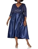 Alex Evenings Women's Plus Size Satin Ballgown Dress with Sleeve, Navy, 18W