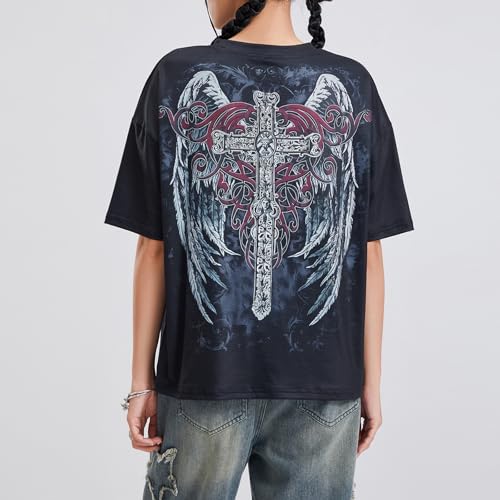 Womens Y2k Graphic Baggy Tees Shirts 2000s Gothic Grunge Emo Tops Fairycore Clothes4