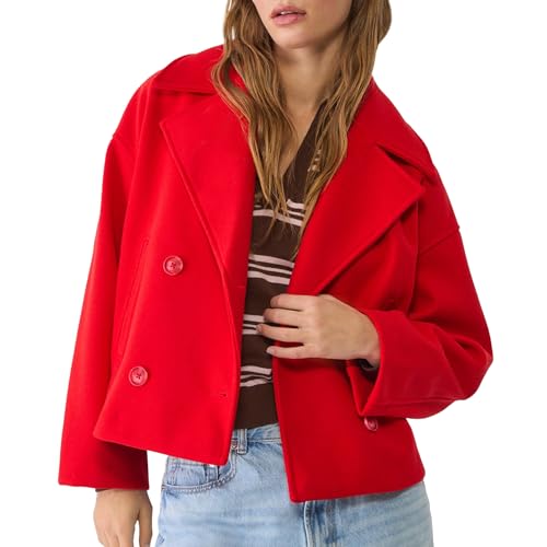 Cropped Trench Coat Women Double Breast Wool Jacket Long Sleeve Notched Lapel Neck Overcoat Cardigan Coat with Pocket